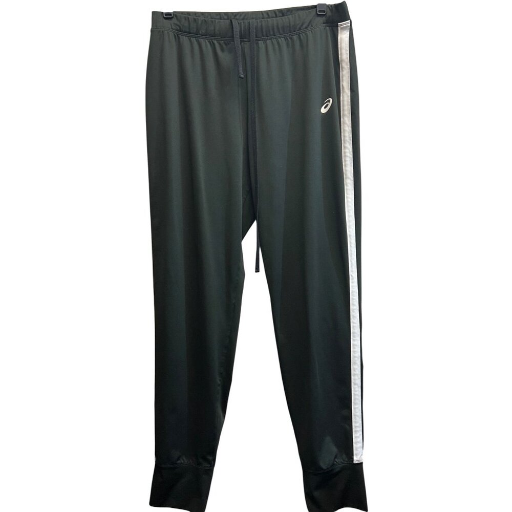 Asics Mens Black Track Pants With White Stripe Large with Cuff Snaps